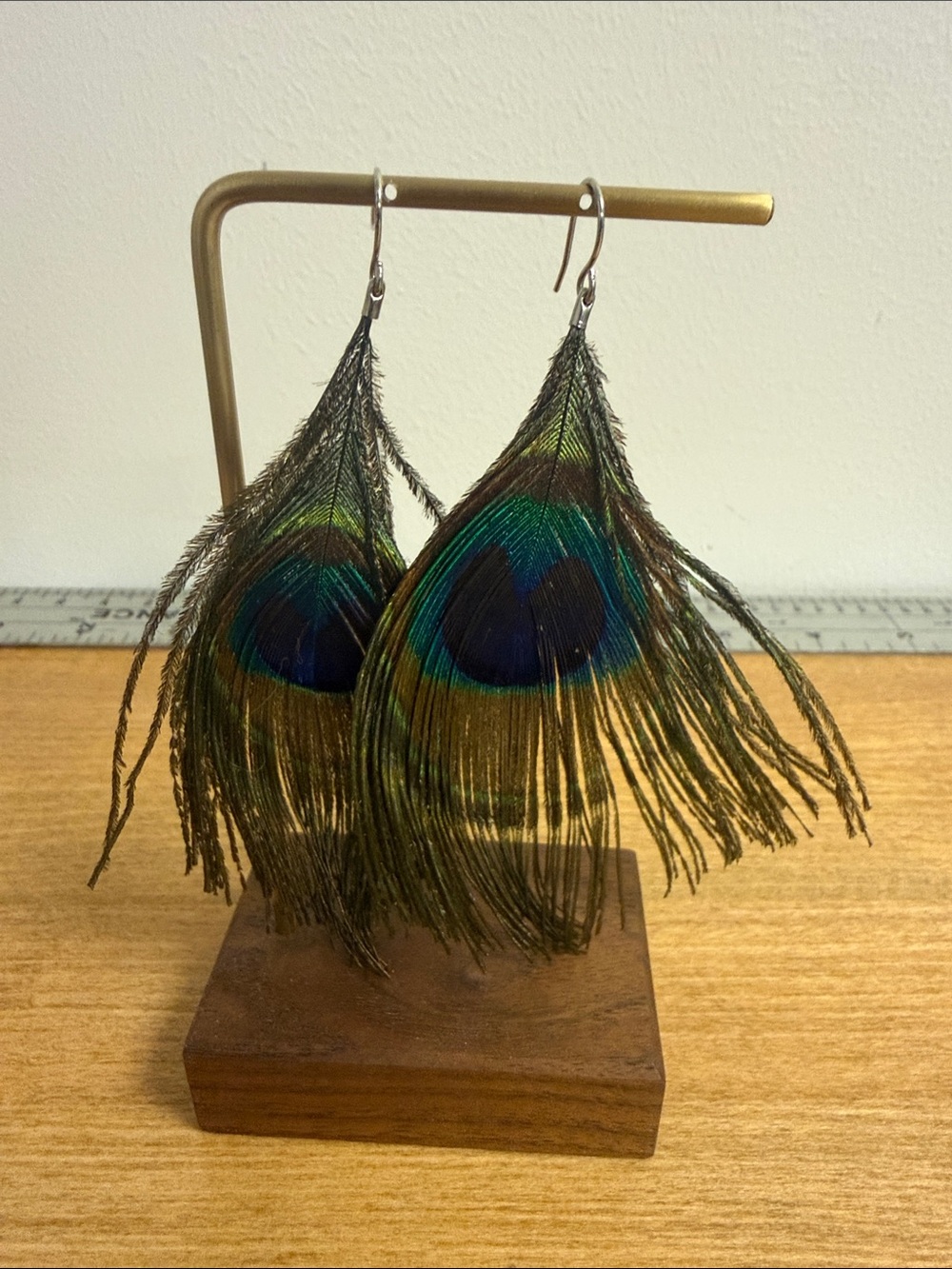 Peacock feather large light statement earrings costume
